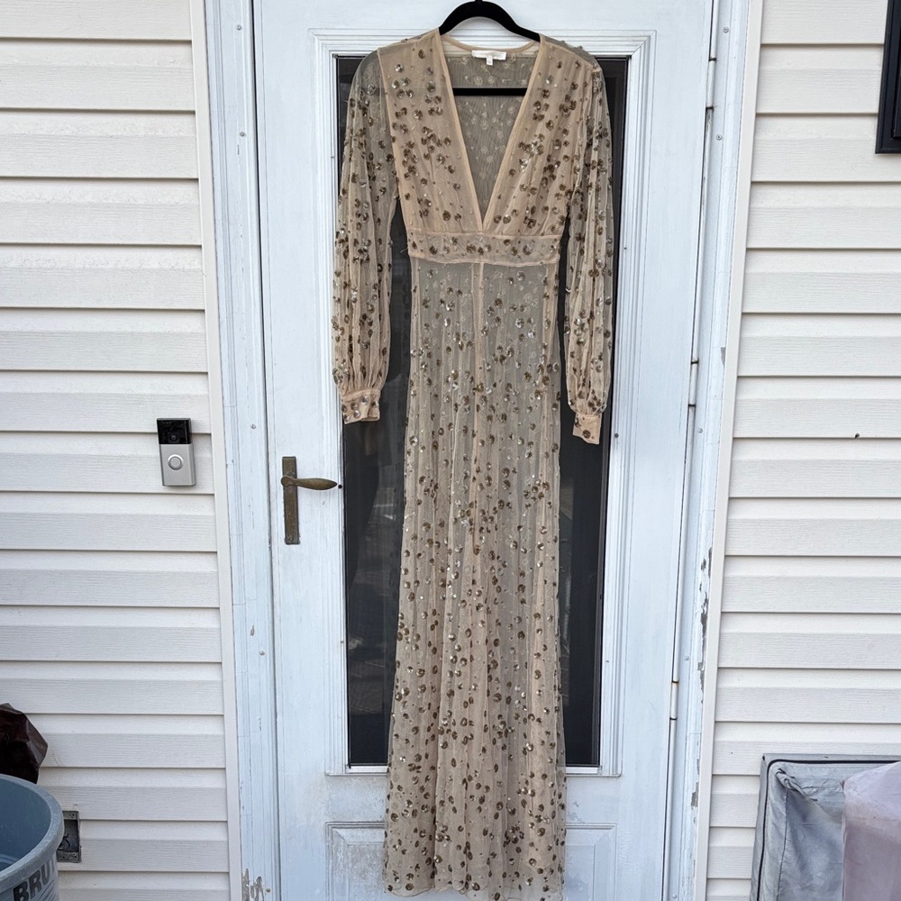 LoveShackFancy gold sheer sequin maxi Janet dress-2